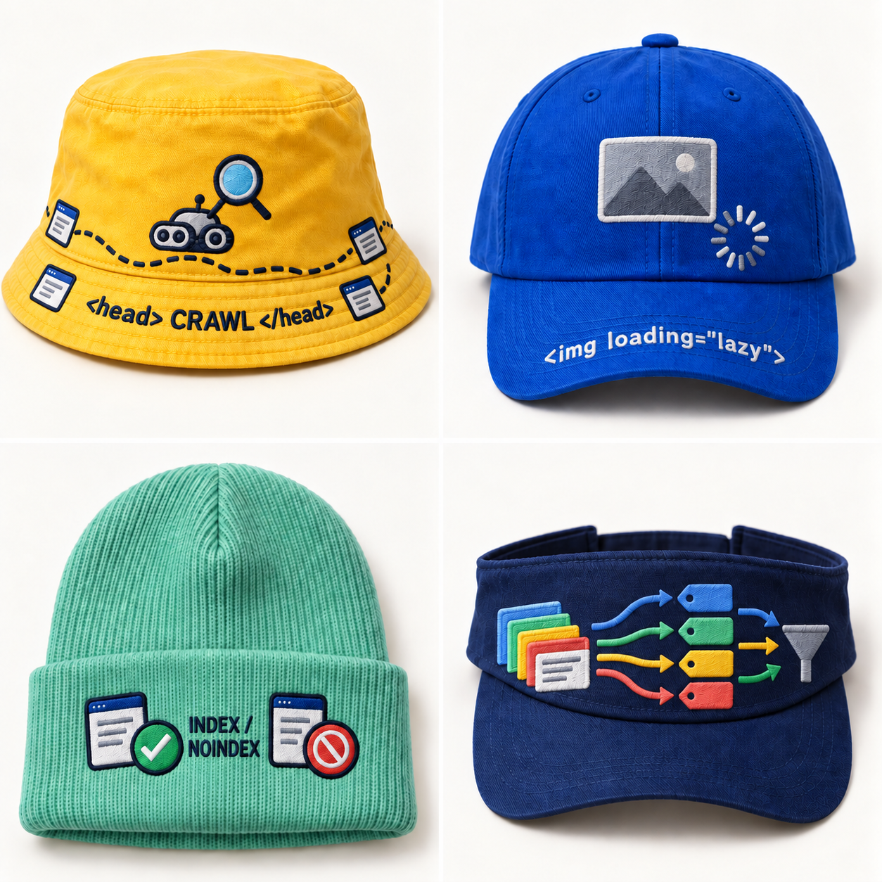 Studio photograph of the headwear collection